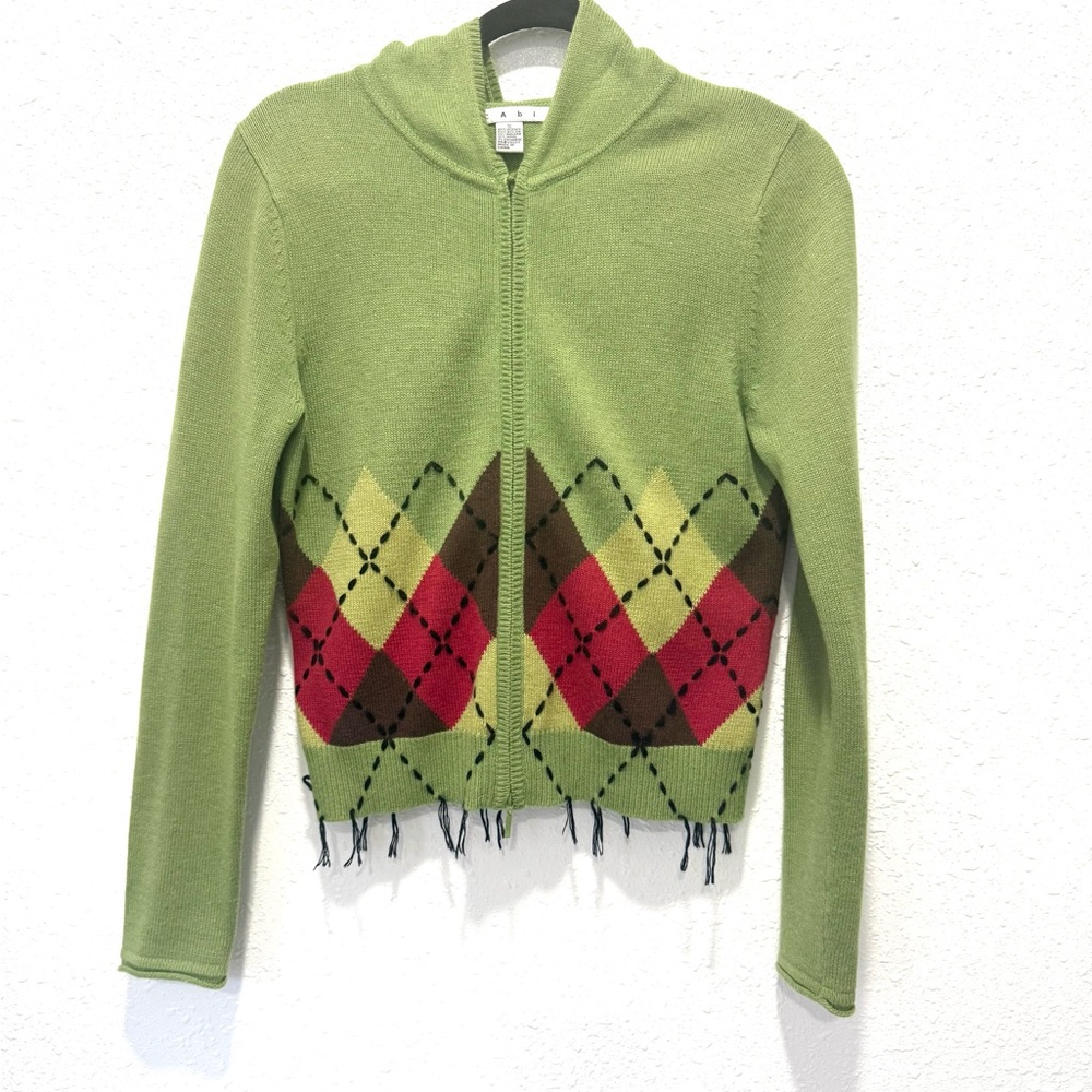 CAbi argyle with fringe at hem‎ Light Green Knit Sweater S